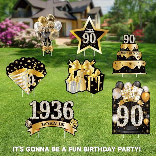 DECEED 7 PCS Happy 90th Birthday Yard Signs, Birthday Outdoor Decorations for Men and Women, Made in 1936 Lawn Sign, Black Gold Ninety Year Old Birthday Yard Decor with Stakes(BlackGold) by DECEED - Used condition - Image 3