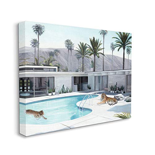 Stupell Industries Tiger Summer Swimming Pool Modern House Palm Trees,