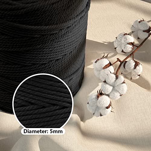 Image of ZUEXT Macrame Cord, Black, 5mm x 328yds Cotton String Macrame Yarn