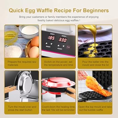 lilishangmao Edelstahl-Bubble-Waffeleisen – Streetfood-Eierwaffelmaschine, 1400 W, Beidseitig Beheizbar, 50–250 °C Temperaturregelung & 0–9 min. Zeiteinstellung, Für Food Truck, Café,DoubleHead – Bild 7
