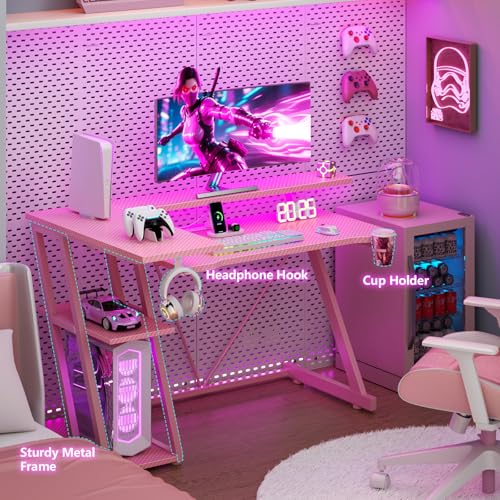 Image of Korfile 40 Inch Pink Gaming Desk with Power Outlet & LED Lights, Corner Computer Desk with 3 Tiers Storage Shelves, L Shaped Gaming Desk with Monitor Stand for Bedroom