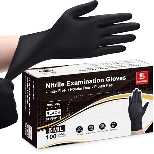 Schneider Nitrile Exam Gloves, 5 Mil Thick Disposable Gloves, Latex Free, Powder Free, Food Safe, Black Gloves for Medical, Tattoo, Cleaning & Cooking, Food Prep, Large, 100 Count
