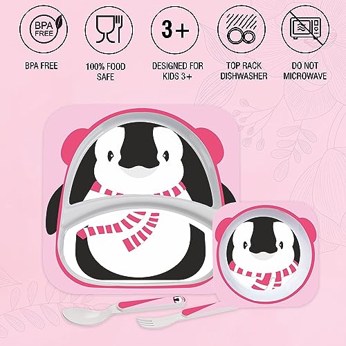 Image of Cello Kids Meal Melamine Dinner Set with Penguin Print | Safe and hygenic for Kids to use | Attractive and Long Lasting Designs | Break Resistant | Pink, Set of 4