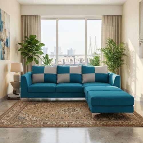 Image of Romeo 5 Seater L Shape Sofa Set with 2 Movable Ottomans | Flexible Layout | Rich Velvet Suede Fabric | Silver Legs | Modern Sofa for Living Room (Aqua Blue Color)