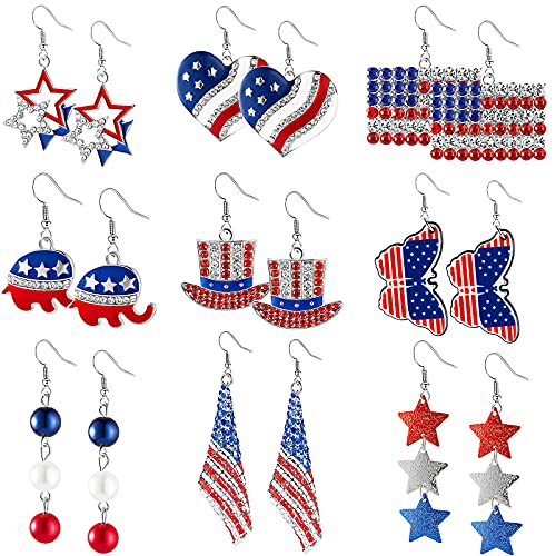 9 Pairs Patriotic Earrings American Flag Earrings 4Th Of July Earrings Star Heart Dangle Drop Earrings Patriotic Dangle Earring For Women Girls Independence Day #TOP5