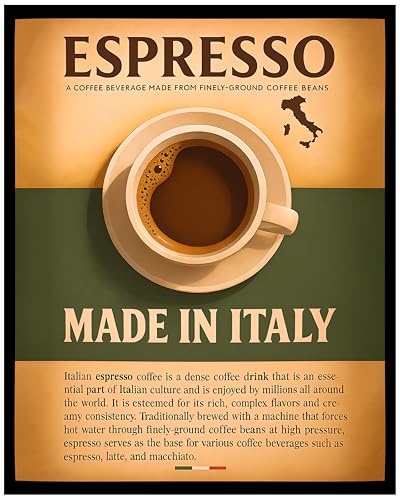 Espresso Coffee Wall Art – Made in Italy Cafe Poster, Vintage Italian Kitchen Decor, Barista Gift, Modern Coffee Bar Art Print for Dining Room, Home Office, 8x10 Inch UNFRAMED