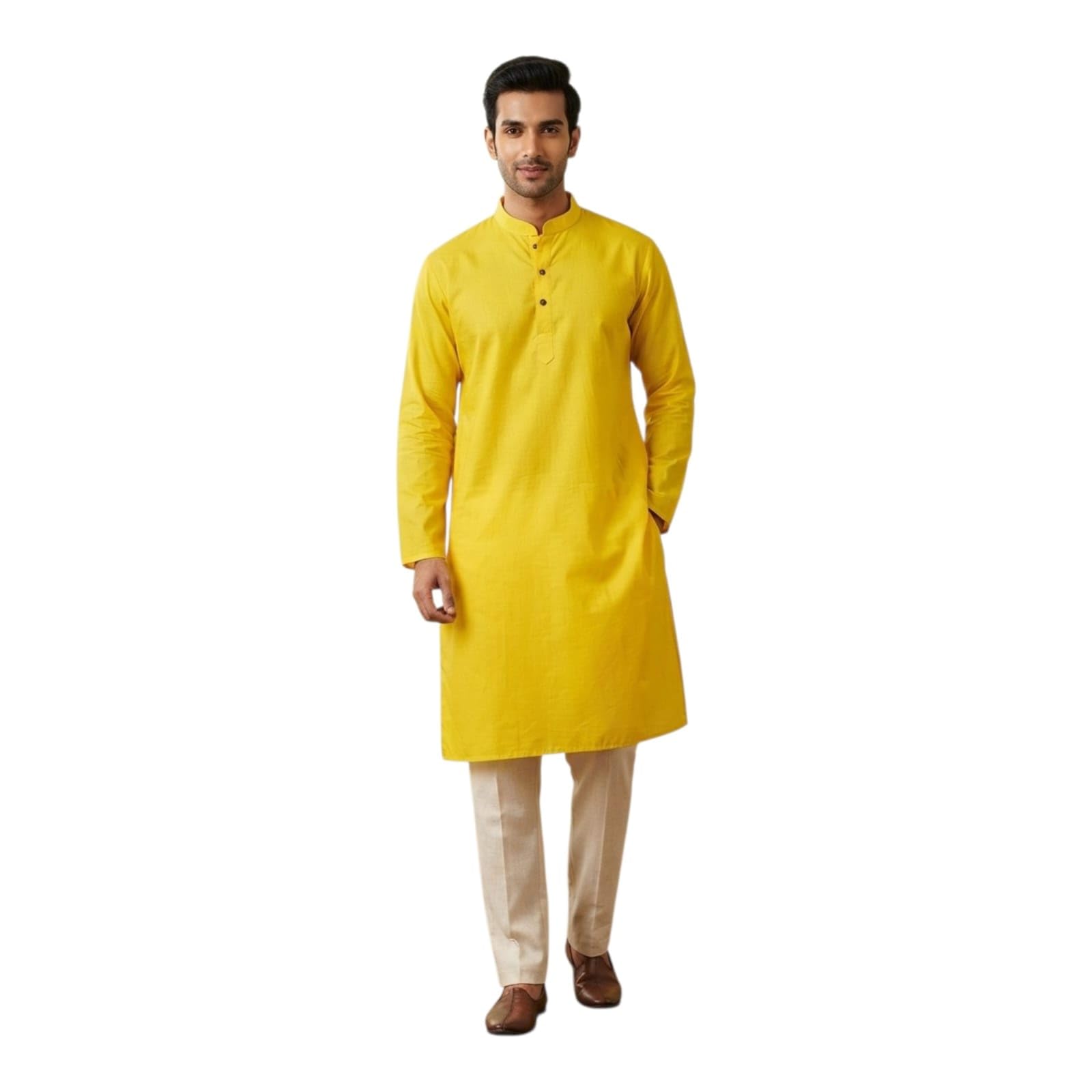 Men's 100% Cotton Solid Long Length Casual Kurta | Regular Fit Ethnic Kurta for Men | Full Sleeve Mandarin Collar | Comfortable Yellow-image-9