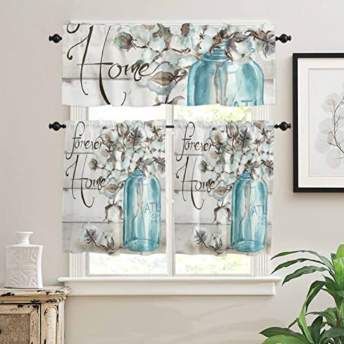 Wooden Plank 3Pcs Kitchen Curtain Valance And Tiers Set, Small Window Treatment Valance Curtain Insulated Blackout Drapes With 2 Tiers Curtains For Kitchen Bathroom, Forever Home Mason Jar Floral #TOP4