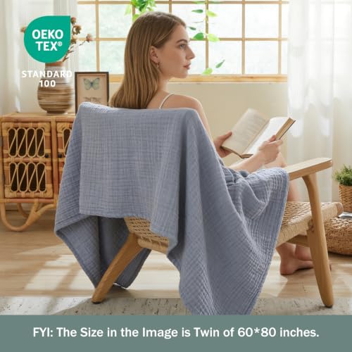 Image of EMME Muslin Blankets for Adults Throw Blanket for Couch Breathable Gauze Soft Lightweight Airy Dusty Blue Super King 120 inch x 94 inch