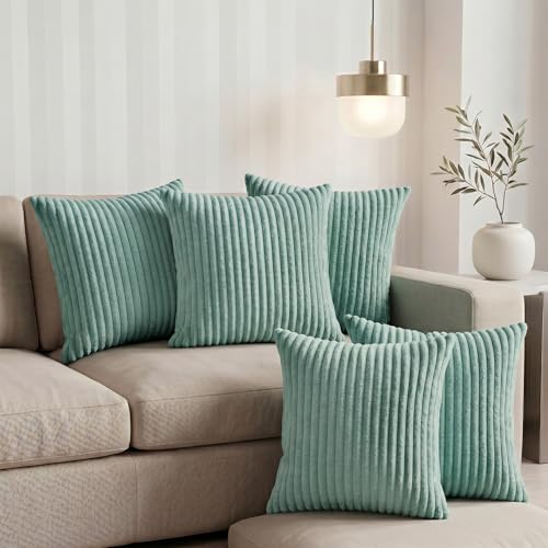 Image of Yellow Weaves Pencil-Stripe Fur Cushion Covers | Soft Polyester | Decorative Sofa & Throw Pillow Covers | 16x16 Inches, Pack of 5 (Sea Green)