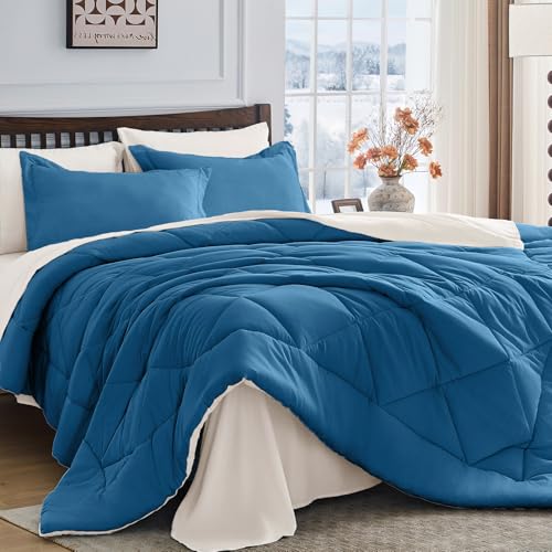 HEVUMYI Teal Blue & Ivory Full Comforter Set - 7-Piece All Season Bed in a Bag Full, Ultra Soft Bedding Set with Comforter, Flat Sheet, Fitted Sheet, Pillowcases, Pillow Shams, Teal Blue & Ivory
