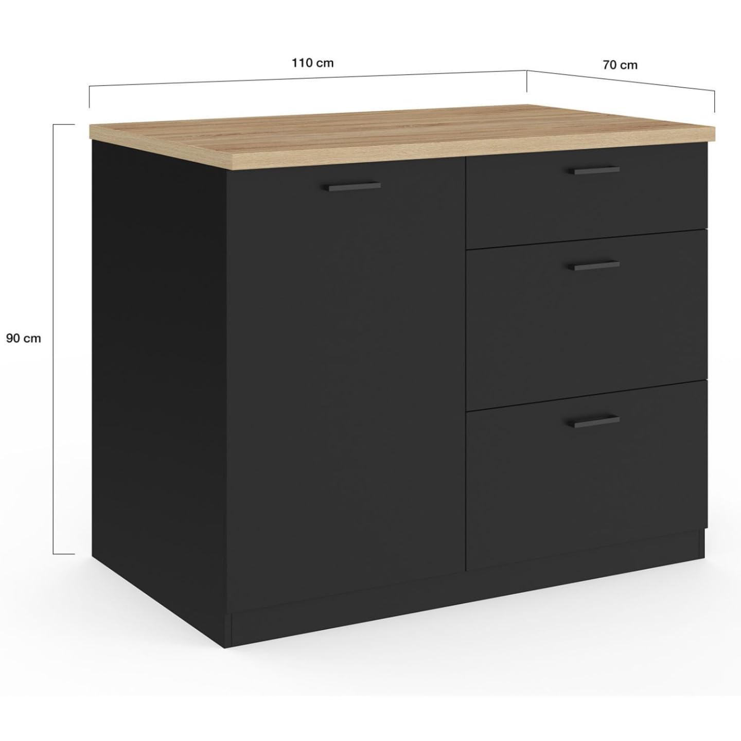 IDMarket - Ilot Central TIBO 110 cm casserolier 3 tiroirs Bois Noir avec Plan de Travail façon hêtre