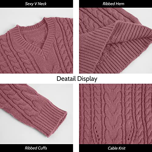 Dyexces Plus Size Sweaters For Women V Neck Long Sleeve Cable Knit Sweaters Casual Fall Sweaters Soft Jumper Tops Pink thumb #4