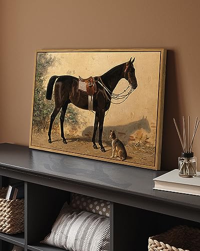 Image of ARPEOTCY Framed Canvas Horse Wall Art, Classical Horse and Dog Art Print for Home Decor, Large Rustic Farmhouse Country Wall Decor for Living Room, Bedroom, Bathroom, Office, 16x24 inch