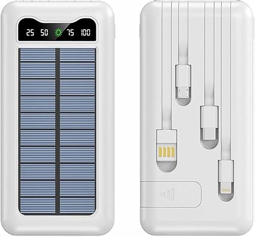 Solar Power Bank 10000mAh with Built-in Cables, LED Display, Dual Flashlight, Phone Holder, 228g, Plastic, 14.5x2x7cm (White)