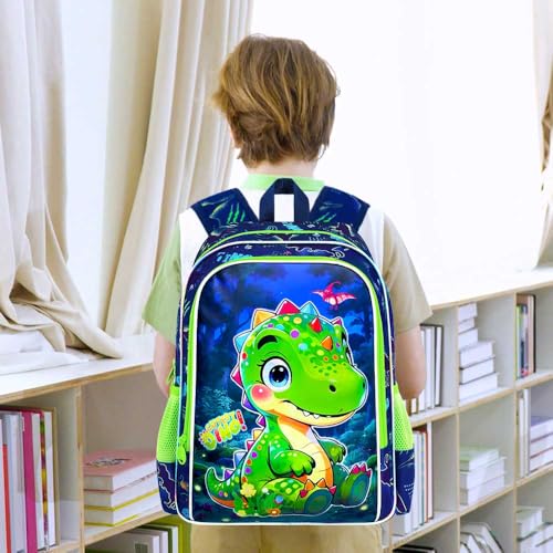 Image of AGSDON 3PCS Dinosaur Backpack for Boys, 16 inch Little Kids Preschool Bookbag, Elementary Backpacks and Lunch Box - Green