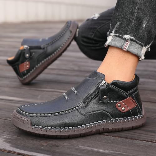 Men's Mid-top Chukka Boots,Fall Winter Fashion Vintage Leather Handmade Non-Slip Side Zip Driving Casual Dress Shoes4
