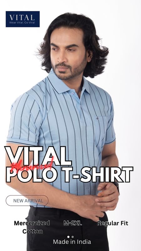Image of Men's Polo T- Shirts Collar Neck Half Sleeves, Regular Fit, Cotton Mercerized Collection with All Over Vertical Printed Stripes /Comfortable and Soft