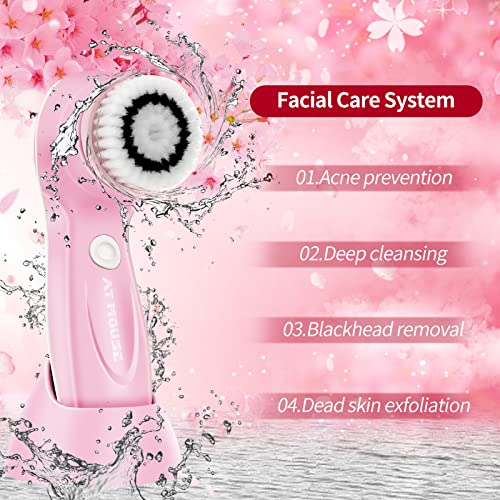 Electric Facial Cleansing Brush, Usb Brush Scrubber Rechargeable Exfoliator Ipx-7 Waterproof Cleanser For Exfoliating, Massaging And Deep Cleansing For Women, 2 Speeds Adjustable, 3 Brush Heads, Pink #TOP1