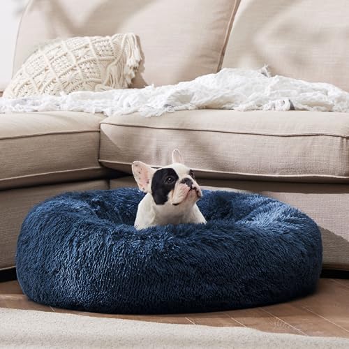 Image of Bedsure Calming Dog Bed for Small Dogs - Donut Washable Small Pet Bed, 23 inches Anti-Slip Round Fluffy Plush Faux Fur Large Cat Bed, Fits up to 25 lbs Pets, Navy