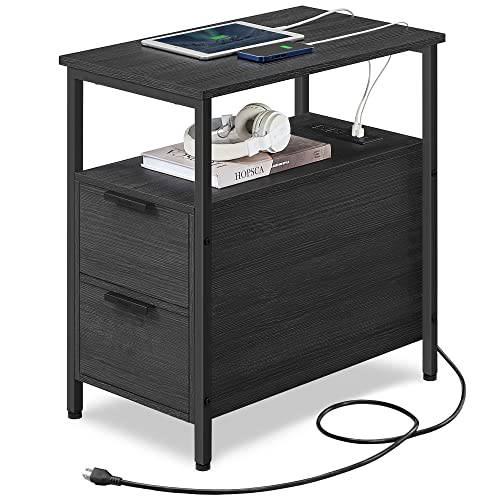VASAGLE Side Table with Charging Station, Narrow End Table with 2