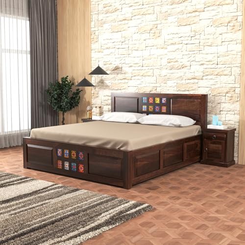 Image of Furniture Sheesham Wood King Size Bed with Storage Box | Wooden Box Bed King Size Double Cot Bed with Storage| Premium Tile Dalla Tile Design Headboard Bed for Living Room | Walnut Finish