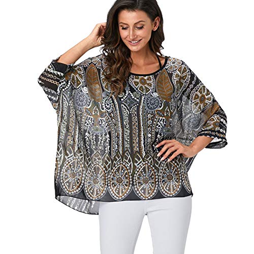 Image of Ckikiou Plus Size Batwing Flowy Semi Sheer Chiffon Blouse Tunic for Women Summer Floral Print Boho Beach Cover ups