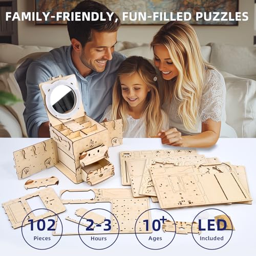 3D Wooden Puzzle Cat Treasure Box, Wood Creative Assembly Model Building Kits to Build for Adults and Teens, DIY Cat Jewelry Box with Mirror Hobbies Projects Gift for Women - Image 4