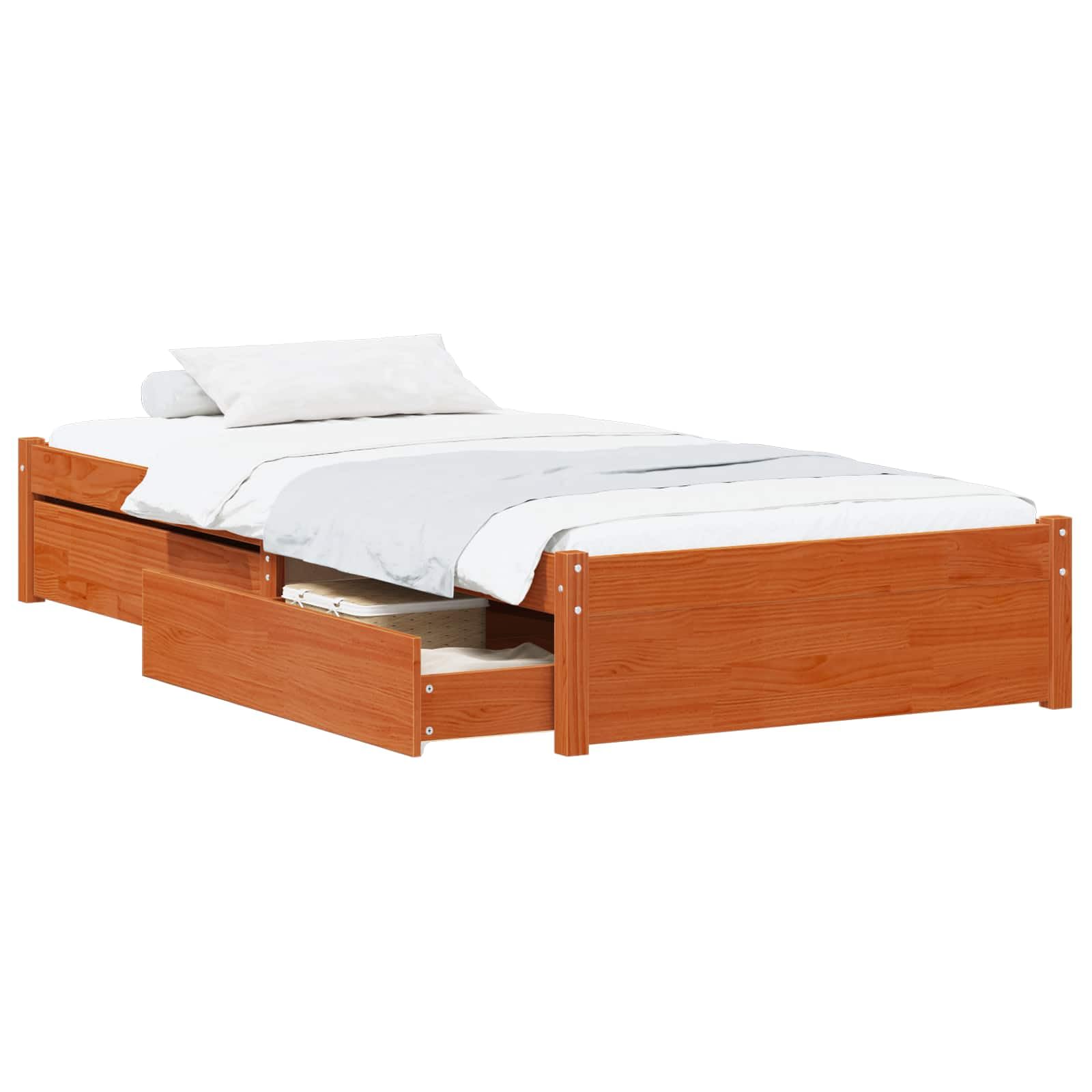 Letto singolo con cassetti, in legno massello di pino marrone cerato, struttura letto con contenitore per materassi 90 x 190 cm, 195,5 x 95,5 x 31 cm