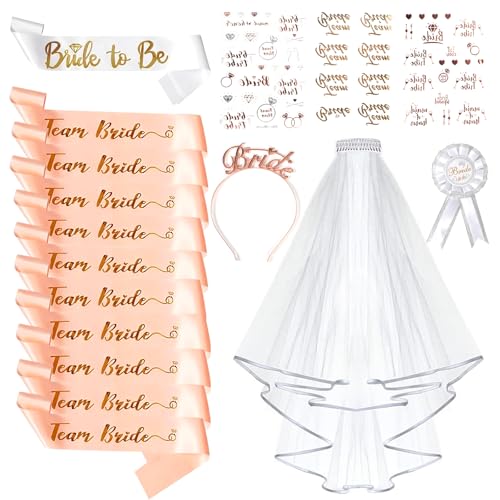 EUZLABBY Junggesellenabschied Frauen,17pcs JGA Schärpe Accessoires Frauen, (1 Bride to be schärpe + 10 Team Bride schärpe + 3 Bride Tattoos + 1 Schleier + 1 Braut Tiara+Abzeichen) Deko Schärpe Set.