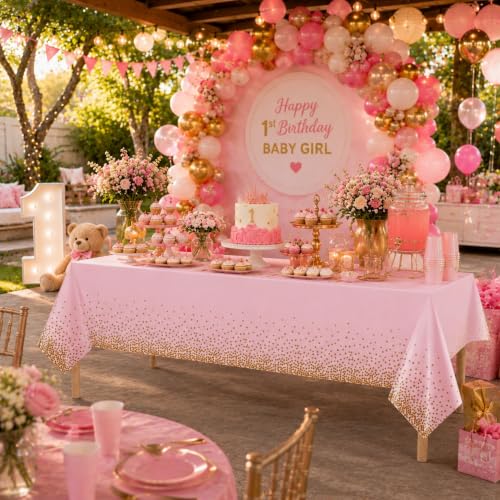 Image of Blue Orchards Pink and Gold Dots Table Cover (Pack of 3 with 20 glue dots) - 54 inchx108 inch XL - Baby and Bridal Shower Disposable Tablecloth, Wedding, Graduation Decoration, Picnic, Birthday Party Supplies