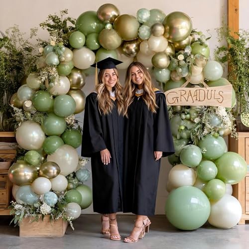 Image of Green White Balloon Garland Double Stuffed Sage Green Gold Pearl White Balloons Arch Kit Dusty Pastel Cream Sand Latex for Christmas Baby Shower Birthday Engagement Party Decorations