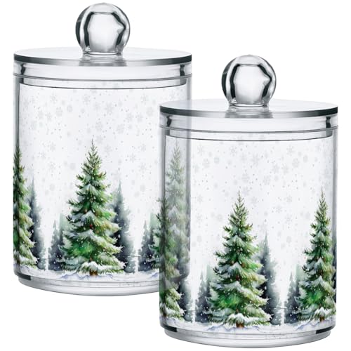 Gredecor 2 Pack Qtip Holder Clear Rustic Christmas Tree Snowflakes Apothecary Jars with Lids Acrylic Christmas Winter Bathroom Jars Vanity Canister Storage Organizer for Cotton Ball,Swabs,Pads,Floss