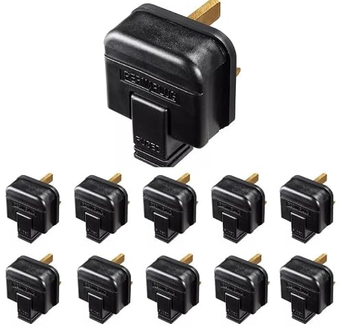 Image of Heavy Duty 13 Amp Plug UK Pack of 10 – Black UK 3 Pin Rewireable Mains Plug, BS1363 Fused Replacement Electrical Plug for Extension Leads, Power Tools, Home Appliances & Commercial Use