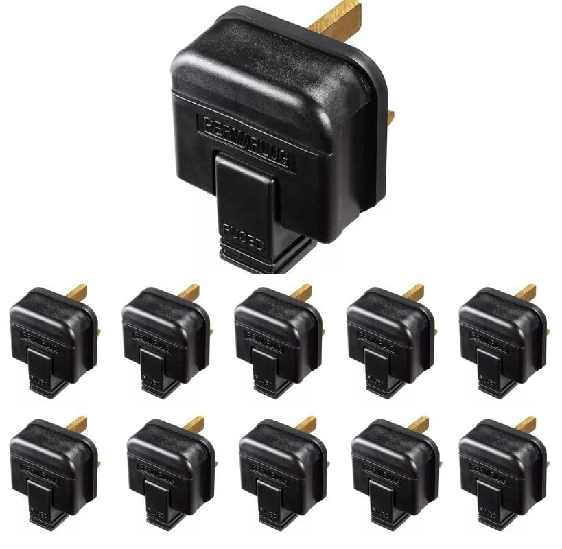 Heavy Duty 13 Amp Plug UK Pack of 10 – Black UK 3 Pin Rewireable Mains Plug, BS1363 Fused Replacement Electrical Plug for Extension Leads, Power Tools, Home Appliances & Commercial Use