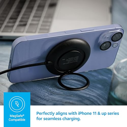Image of AT&T Magnetic Wireless Charging Pad with Built-in Ring Stand - 15W Fast Charging, USB-C PD Input, Case-Friendly Magnetic Design - Ideal for Desk, Travel, and Nightstand Use - Black