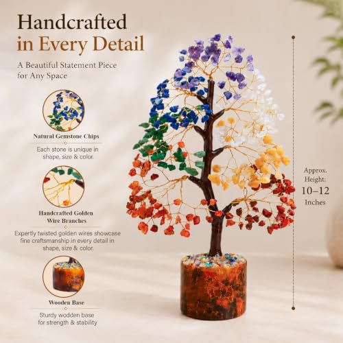 Image of Crocon 7 Chakra Tree of Life Crystal with Seven Chakra Tumbles Wooden Tray