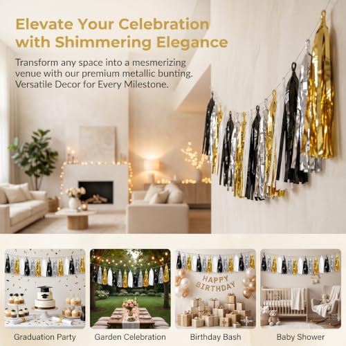 Image of 4P Black Gold Silver Foil Fringe Metallic Tassel Garland, Tassels Banner Streamers for Parade Floats, Bachelorette, Wedding, Birthday, Halloween, Christmas, Bridal /Baby Shower Party Decorations