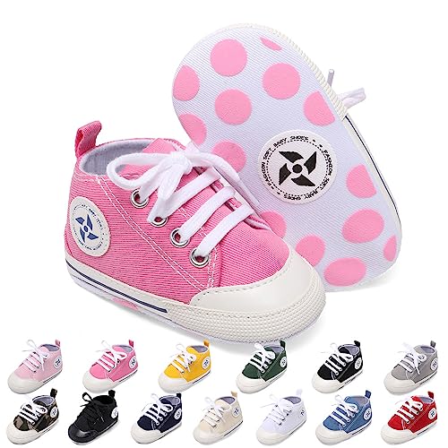 Image of Baby Boys Girls Star High Top Sneaker Soft Anti-Slip Sole Newborn Infant First Walkers Canvas Denim Shoes (12cm, A-Pink, 6_Months)