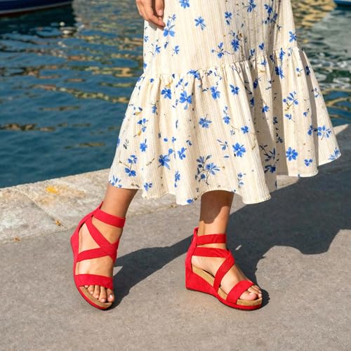 DREAM PAIRS DREAM PAIRS Womens Elastic Ankle Strap Open Toe Platform Wedge Sandals Comfortable Summer Shoes,Size 5,Red,NINI-3