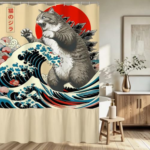 Image of Funny Japanese Cat Ruffle Shower Curtain for Bathroom, 72 inchx 72 inch