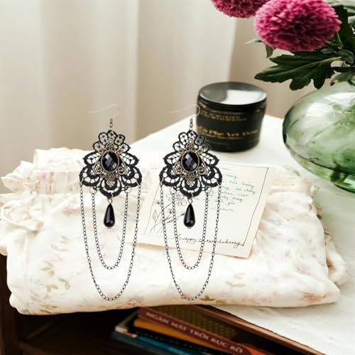 Gothic Long Tassel Crystal Earrings Vintage Lace Tassel Earrings Punk Dark Style Black Crystal Gemstones Dangle Drop Earrings Victoria Earrings Goth Earrings Christmas Birthday Party Halloween Earrings Jewelry for Women2