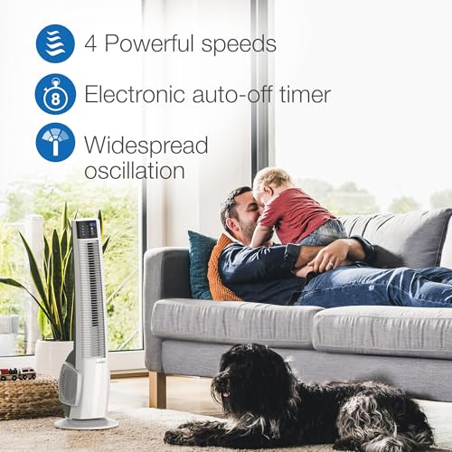 Image of Lasko T38400 Electric Oscillating Hybrid Tower Fan with Timer and Remote Control for Indoor, Bedroom and Home Office Use, White