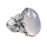 Boho Oval Stone Flower Leaf Statement Ring for Women Antique Silver Plated Vintage Crystal Plum Blossom Adjustable Open Wrap Rings Comfort Fit Retro Gemstone Art Decor Wedding Engagement Jewelry