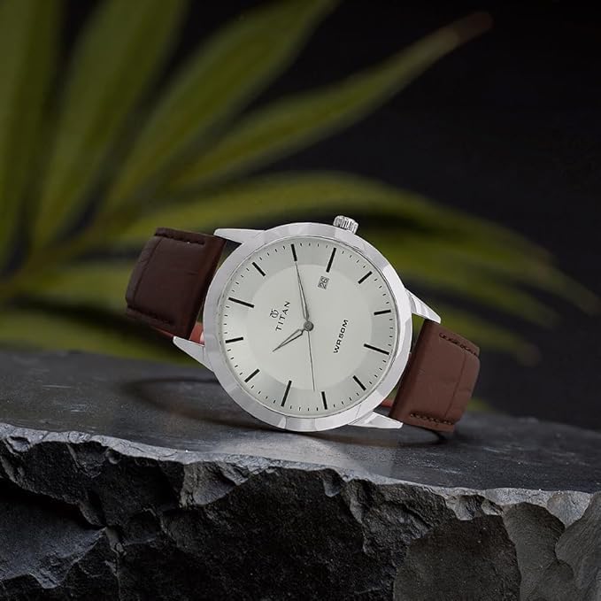 Image of Mens Watch Classic Analog Watch with White Dial, Leather Strap, Roman Numerals, Date Display