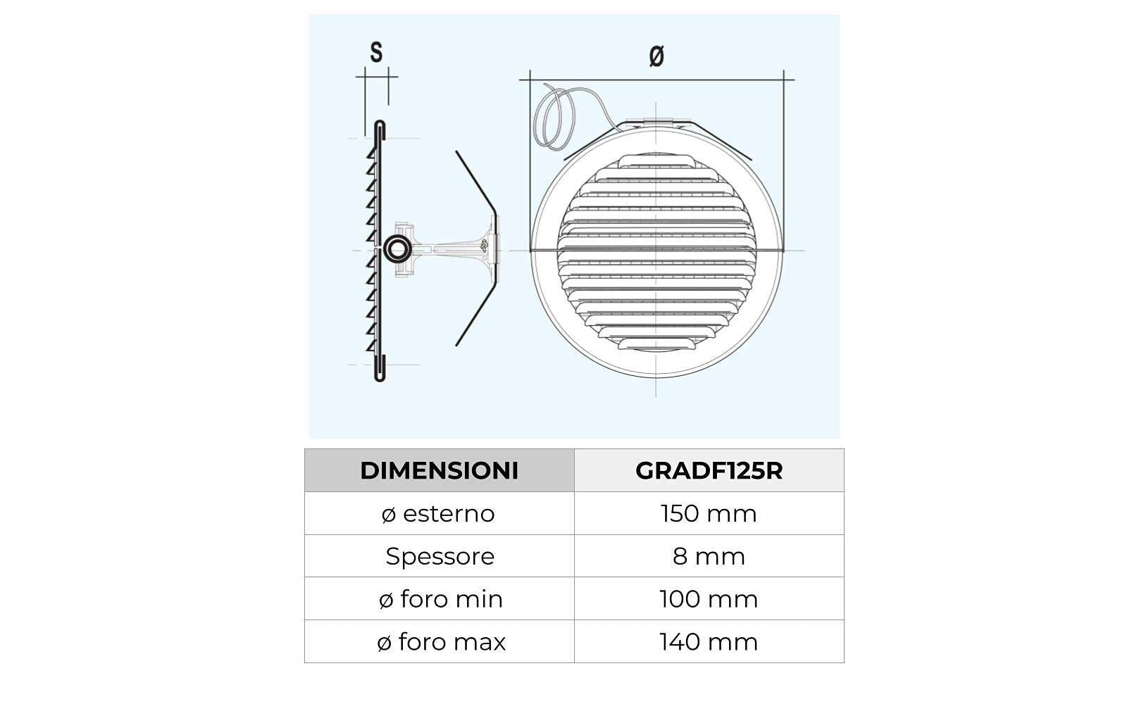 La Ventilazione Grille d'aération pliable ronde Ø 150 mm Ø 155 mm Ø 155 mm GRADF125R