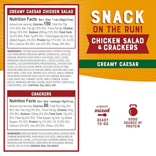 Image of Bumble Bee Snack On The Run! Creamy Caesar Chicken Salad Kit | Ready to Eat Easy-Open Canned Chicken Salad with Crackers Snack Pack, 10g Protein per Box