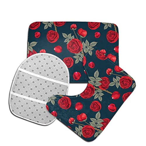 DIRYKILP Badematte + Konturmatte + Toilettendeckelbezug, rote Rosen Blumen 3 Stück Badematte Set, mit rutschfester Klebeunterseite – Bild 5