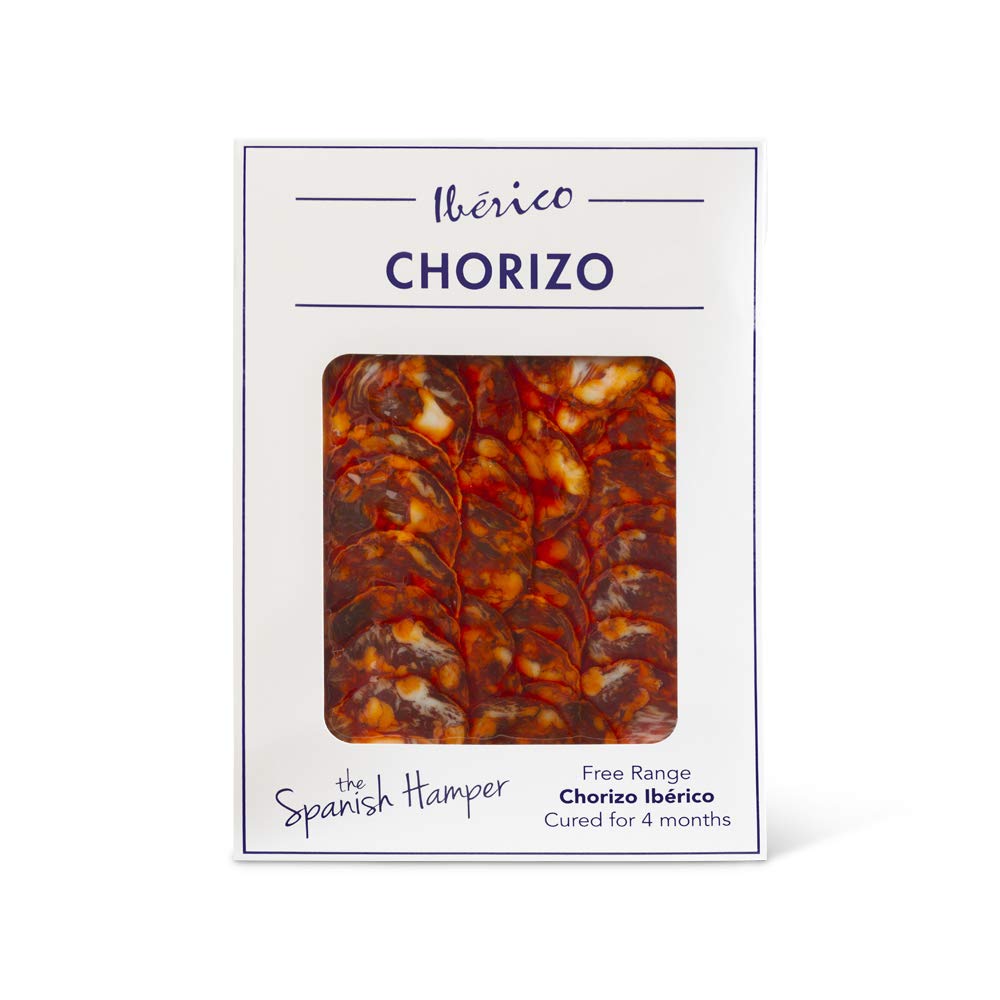 Chorizo Iberico slices 80g. Free range. Cured for 4 months. Pata Negra (black pig) 100% Bellota (Acorn) Fed.