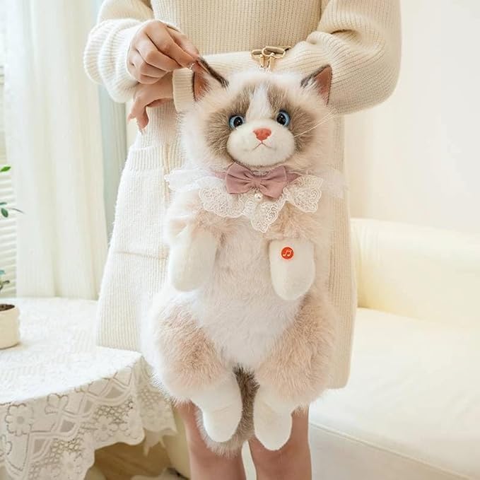 Image of Cute and Soft Stuffed Animal Backpack with Adjustable Straps White Cat Bag | Ragdoll Cat Plush Backpack - Fluffy Realistic Stuffed Animal Shoulder Bag with Elegant |(golden)